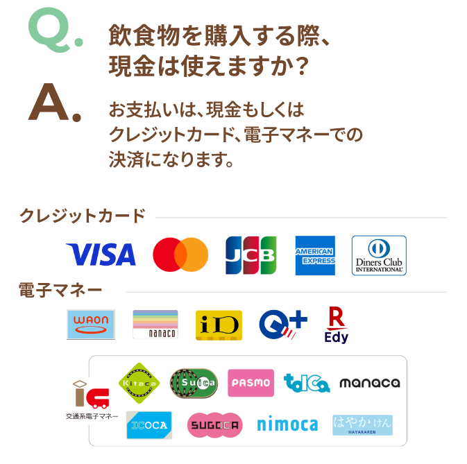 Q.飲食物を購入する際、現金は使えますか? A.お支払いは、現金もしくはクレジットカード、電子マネーでの決済になります。クレジットカード:Visa、Mastercard、JCB、American Express、Diners Club 電子マネー:WAON、nanaco、iD、QUICPay、楽天Edy 交通系電子マネーIC:Kitaca、Suica、PASMO、TOICA、manaca、ICOCA、SUGOCA、nimoca、はやかけん