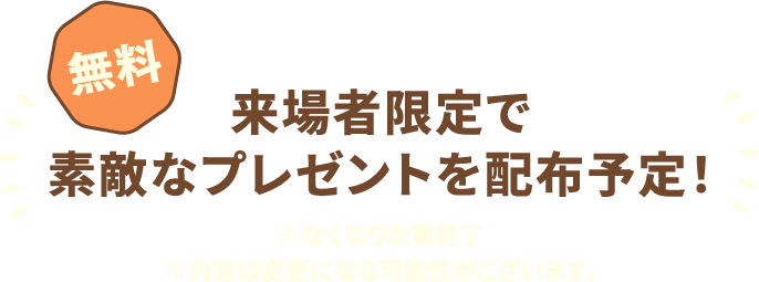 来場者限定で素敵なプレゼントを配布予定! 無料 ※なくなり次第終了 ※内容は変更になる可能性がございます。